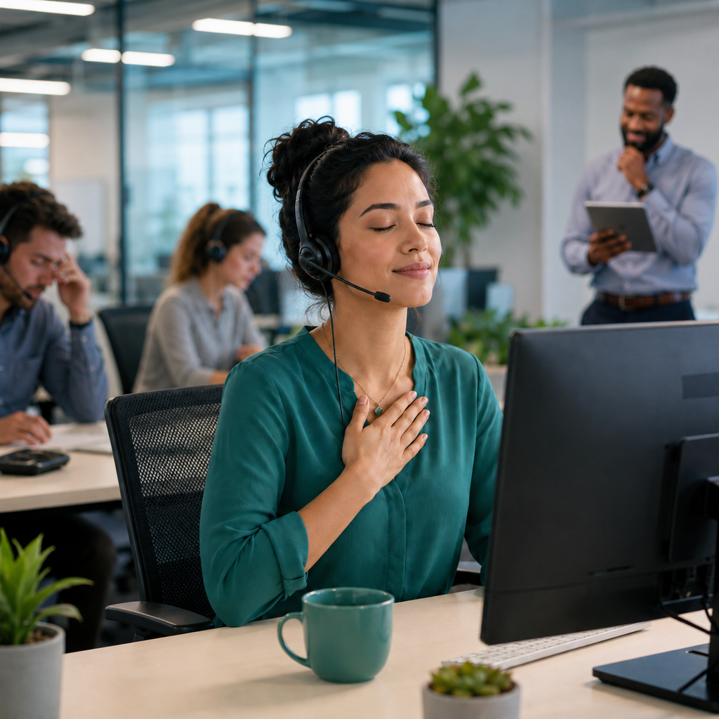 Customer service professional practicing a brief workplace reset at her desk